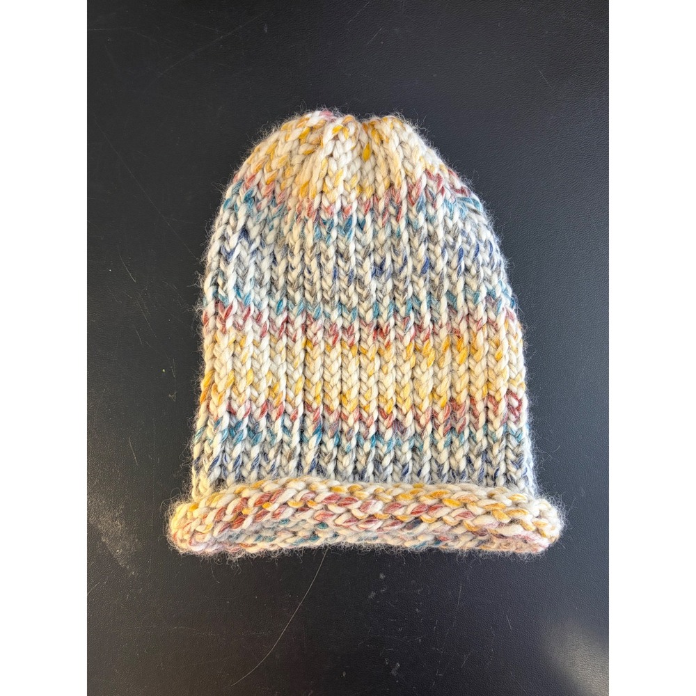 Handmade Chunky Knit Beanie Multicolor Confetti Ribbed Cuff Winter Hat Cream